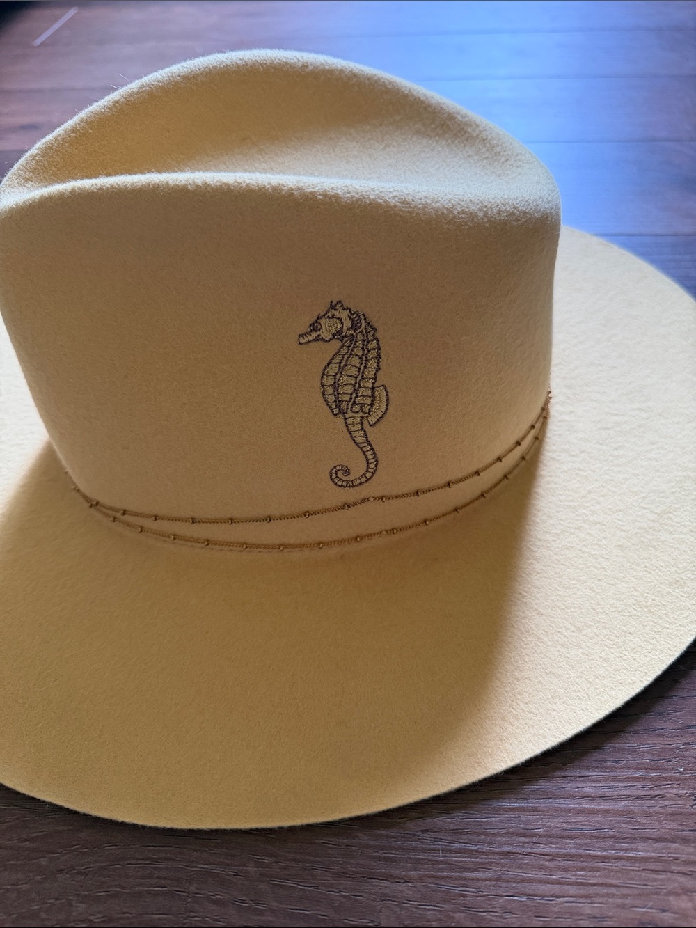 Van Palma Parisian Butter Wide-Brim Felt Hat with Seahorse Embroidery